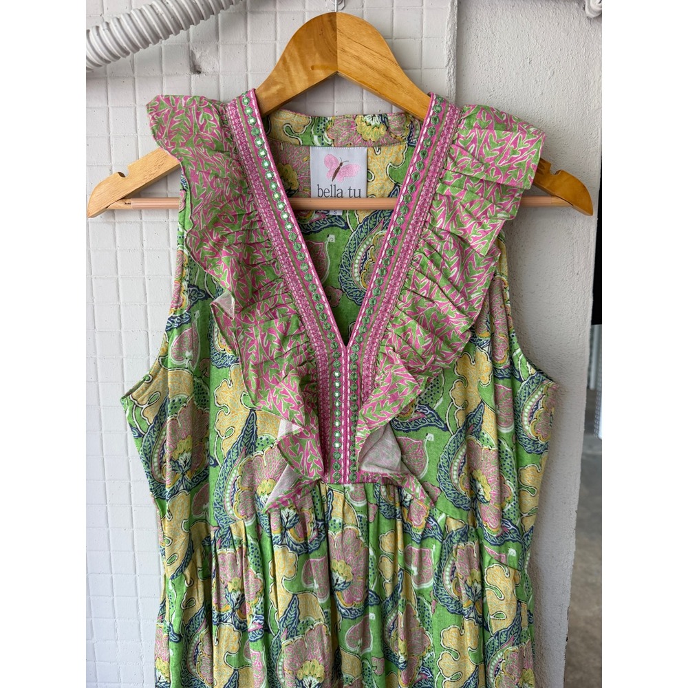 Bella Tu S Cotton Green Pink Floral Ruffle V-Neck Tiered Maxi Boho Dress Resort - Picture 3 of 9